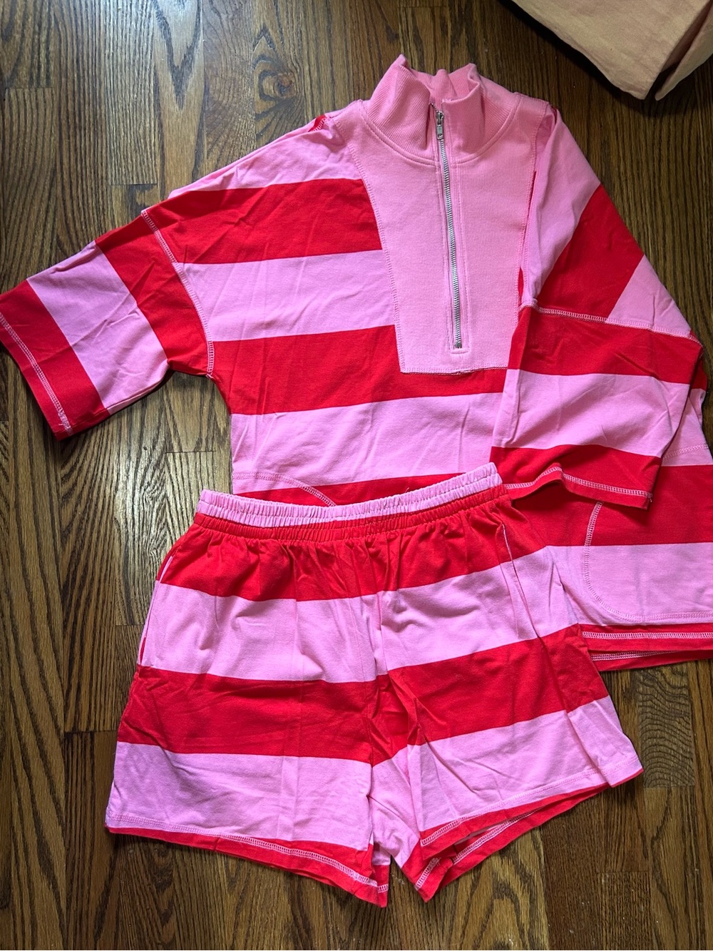 Pink and Red Striped Lounge Set - Short Sleeve Zip Top + Shorts NWOT